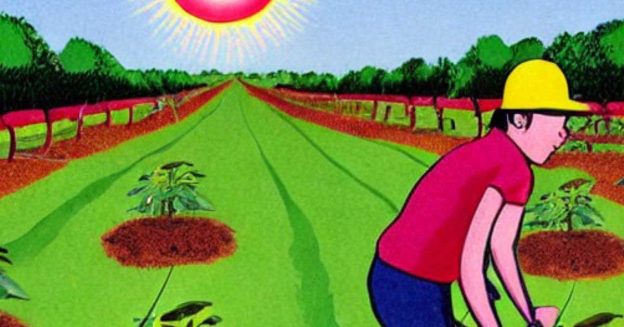 Fruit Farming Tips- Illustration of a person planting fruit trees with sunlight and greenery in the background.