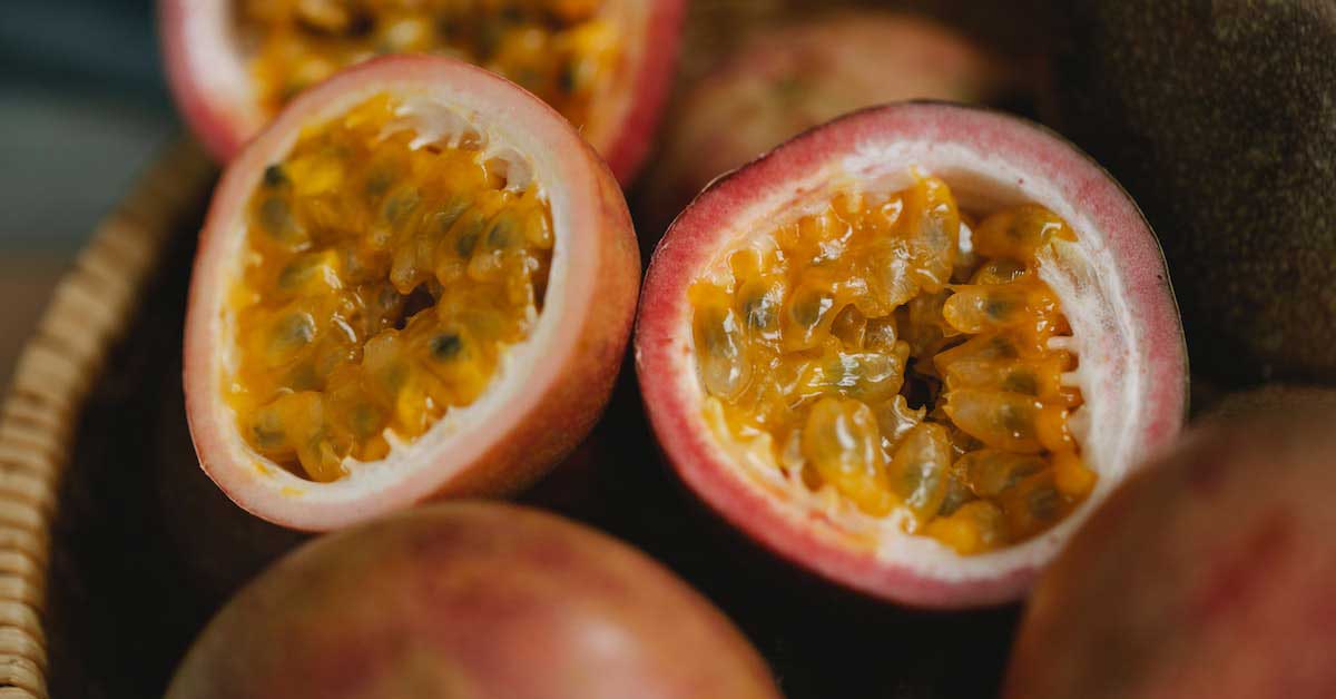 Bisected ripe passion fruit.