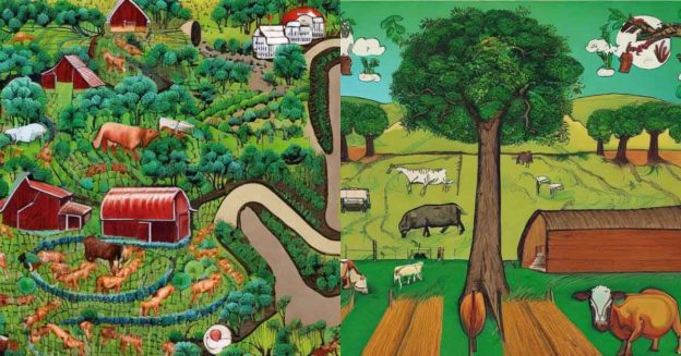 Agroforestry farm: Trees, crops, and livestock in the same space. Sustainable farming system for integrated production.
