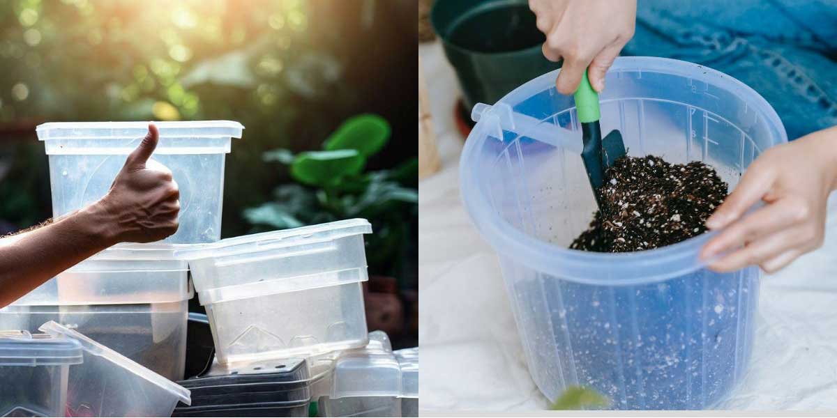 Some suitable plastic containers for gardening and left side image of a man mixed soil by hand.