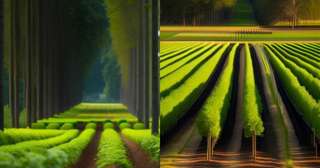 Crops grow in between rows of trees in a silvoarable system.