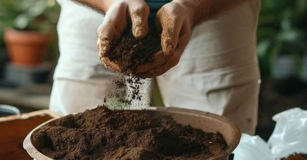 A man is doing the perfect soil mix for container gardening with two hands.