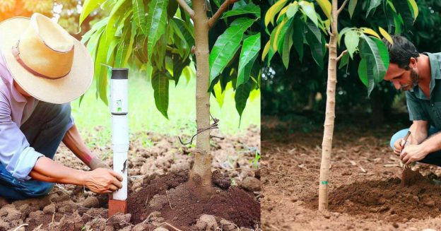 Both sides are two-person soil testing for mango trees.