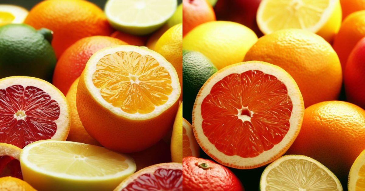 A photo of whole and sliced citrus fruits on a white background.