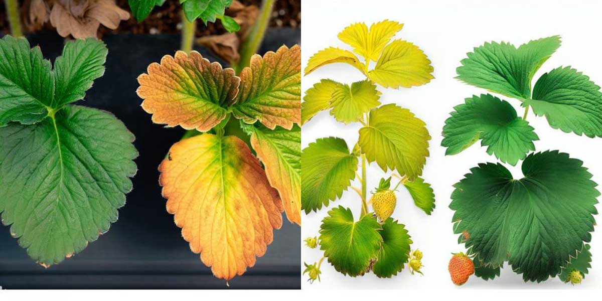 Healthy and nitrogen-deficient strawberry leaves show yellow coloration, green veins, and reddish or purple spots.