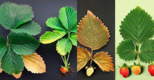 Healthy and nitrogen deficiency strawberry plants are compared by leaf color, size, plant height, and fruit quality.