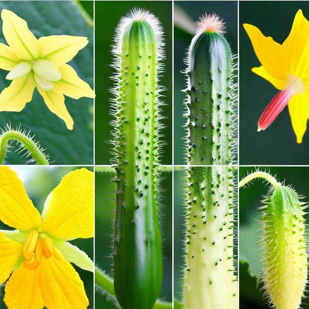 Different stages of cucumbers (Flower to harvest).