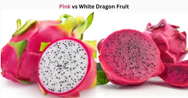 Two types of dragon fruits, pink and white, are cut open to show their flesh and seeds.