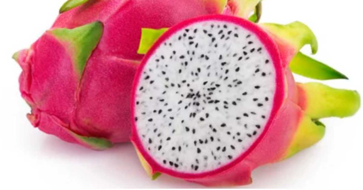 A white dragon fruit cut open to show its white flesh and black seeds.