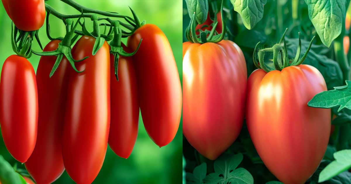 A bunch of elongated red San Marzano II tomatoes on a vine with a green background.