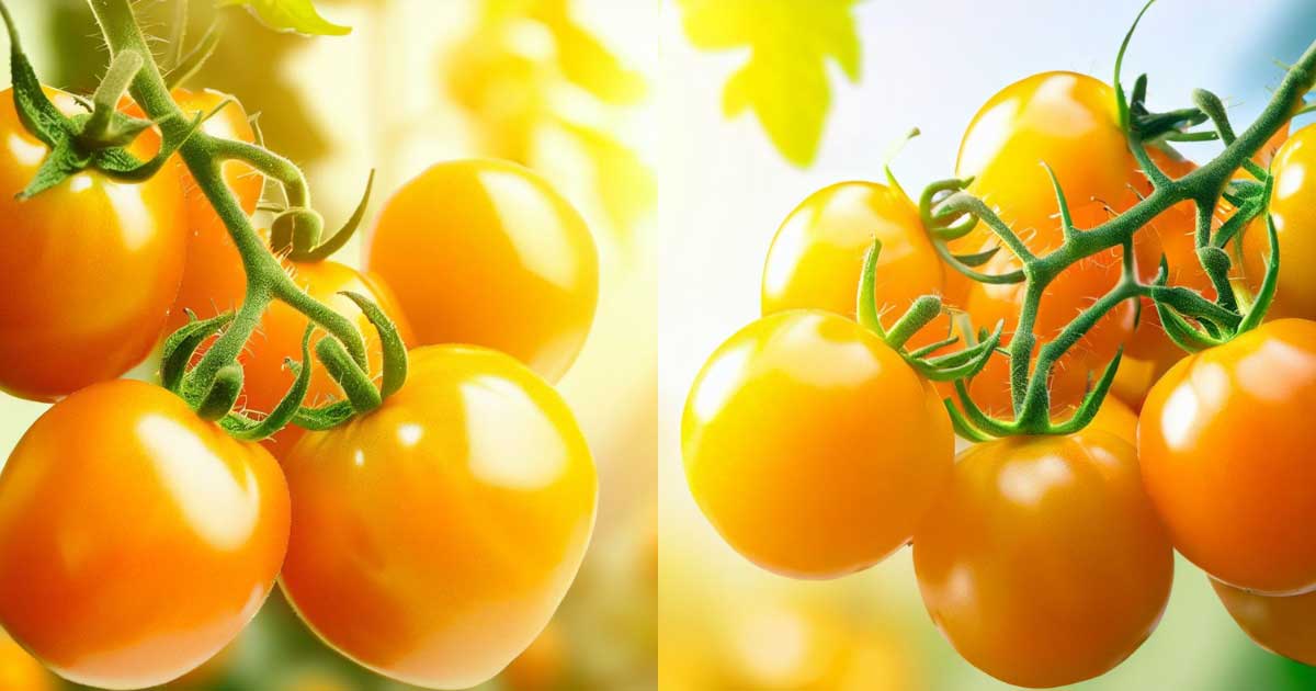 Two Cluster OF Ripe Sun Gold Tomatoes on A Vine with a Sunny Background.