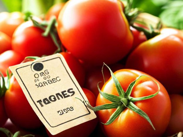 A basket of fresh tomatoes with a label that says 'How to grow organic tomatoes.'