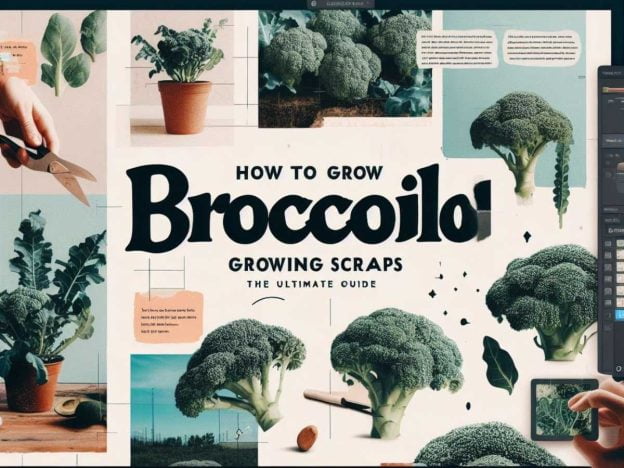 Broccoli growing process from scraps in six steps. Green and white photo collage with text overlay 'Step-by-Step Guide.'