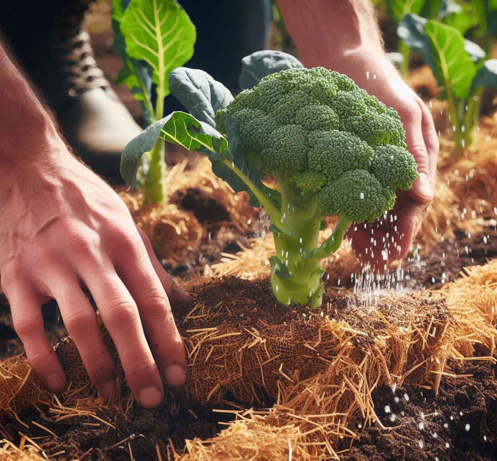 A person grows broccoli from a Scrap in a garden, and he applies mulch with organic materials.