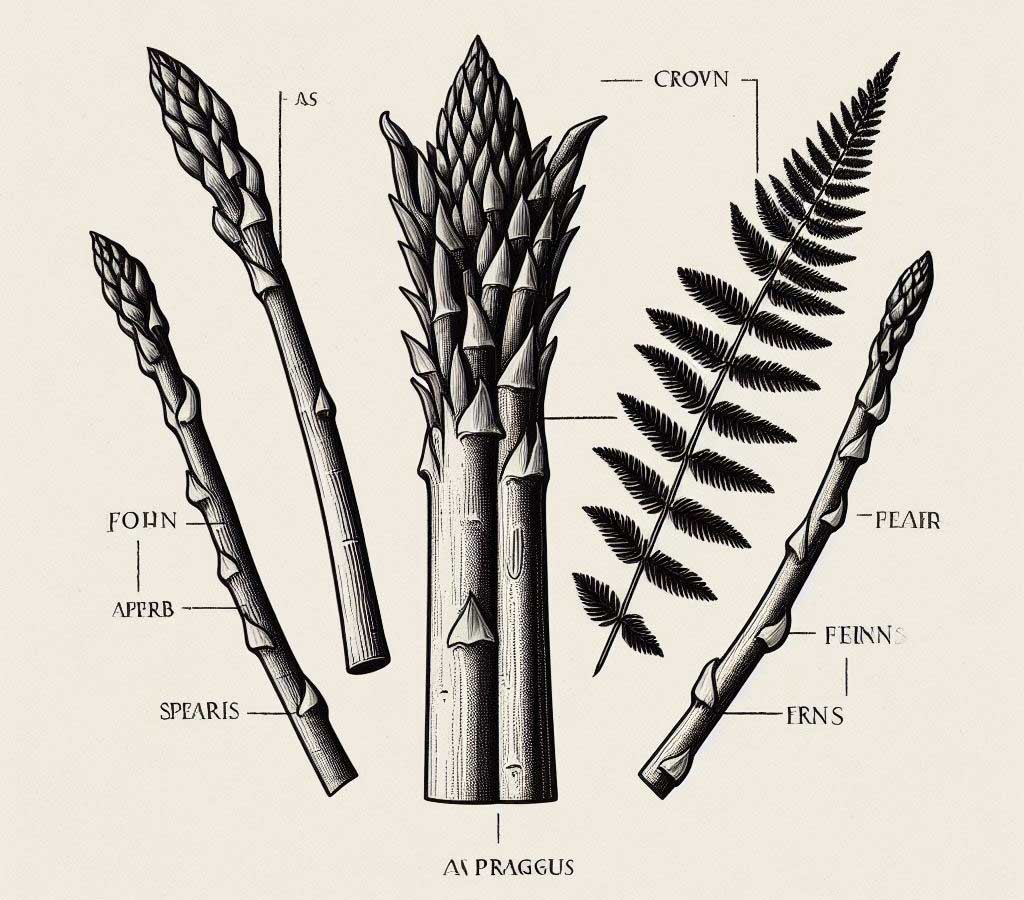 The three main parts of asparagus – the crown, the spears, and the ferns, are clearly labeled.
