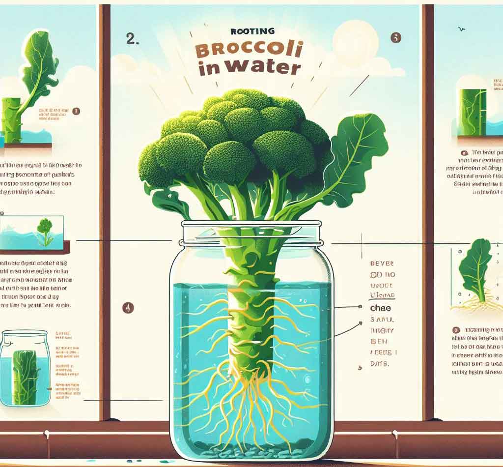A broccoli plant and its roots are shown in a jar of water, illustrating how to root a broccoli plant in water.