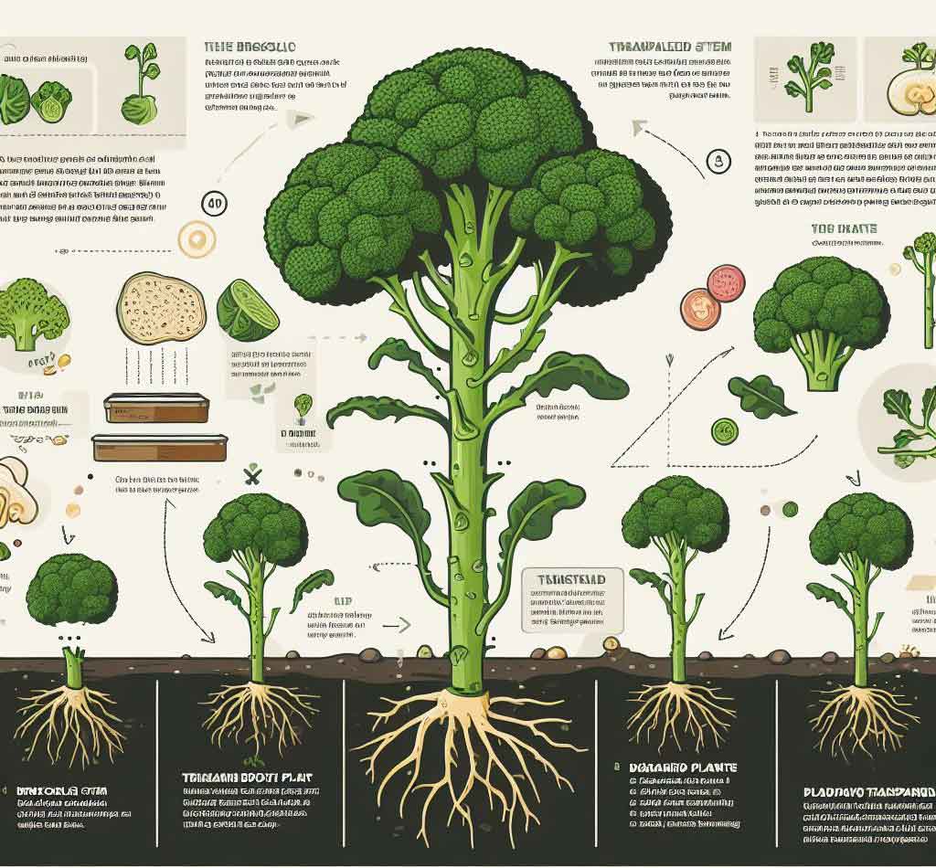 The infographic shows the different parts of the broccoli plant, such as the roots, stem, leaves, and florets.