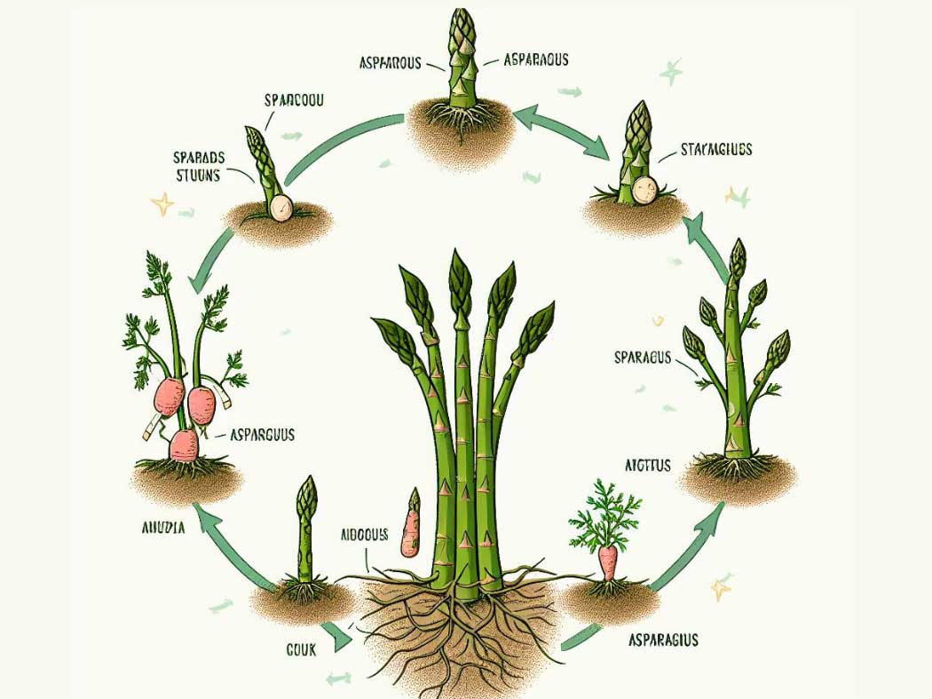Illustrative depiction of the life cycle of asparagus, from planting to maturity, with labels.