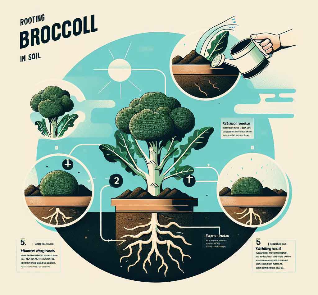 A guide on how to root broccoli in soil using scraps with white text that reads “ROOTING BROCCOLI IN SOIL.