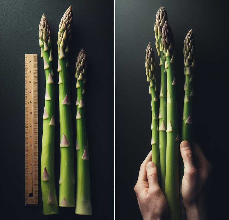 Two images of asparagus spears, one with a ruler for scale and the other with a hand holding them.