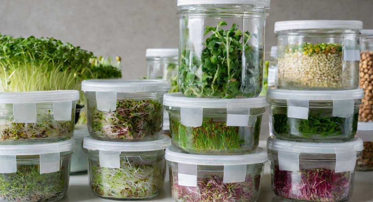 An image showing microgreens neatly placed in airtight containers, zip-lock bags, or glass jar.