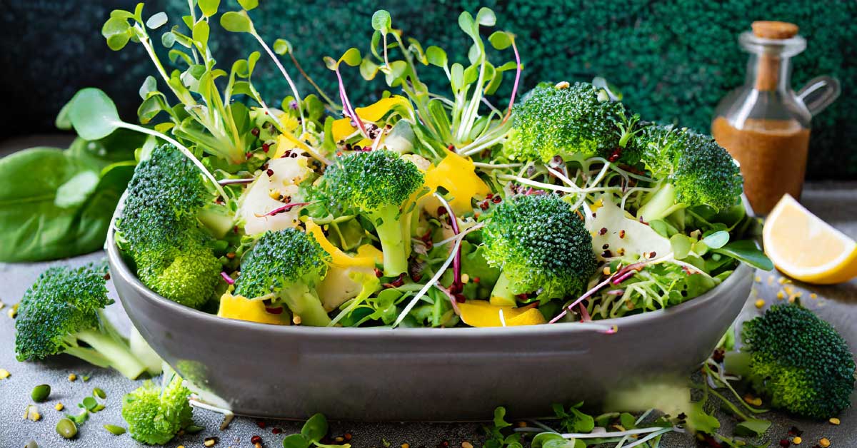A salad bursting with vibrant broccoli microgreens.