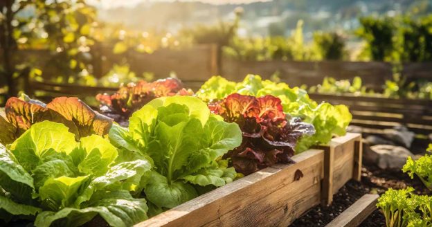 A garden bed of different lettuce varieties under sunlight with a scenic landscape in the background.