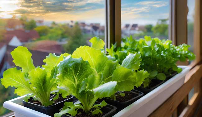 Some Green leaf lettuce growing in containers, thriving on a balcony with necessary sunlight. 