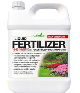 Resealable plastic container with the label balanced liquid fertilizer - NPK 10-10-10 written prominently in white.