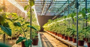Grow lights illuminating tomato plants indoors.