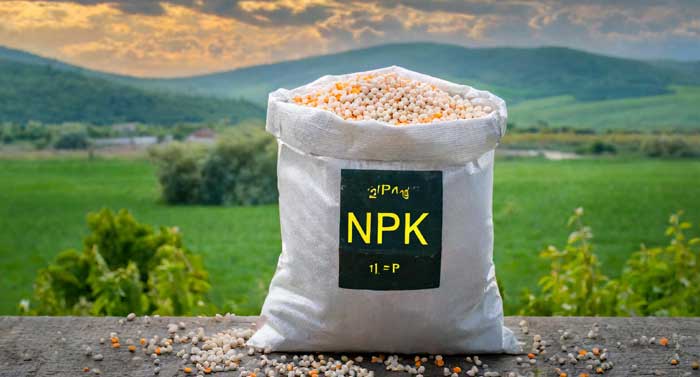 Bag of balanced fertilizer with NPK ratios highlighted.