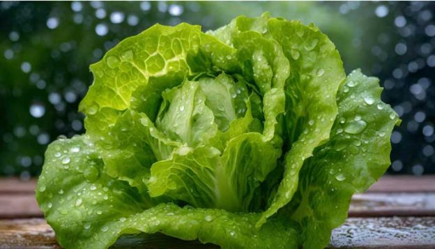 Close-up photo of a Bibb lettuce head with glistening raindrops, light green, loose leaves.
