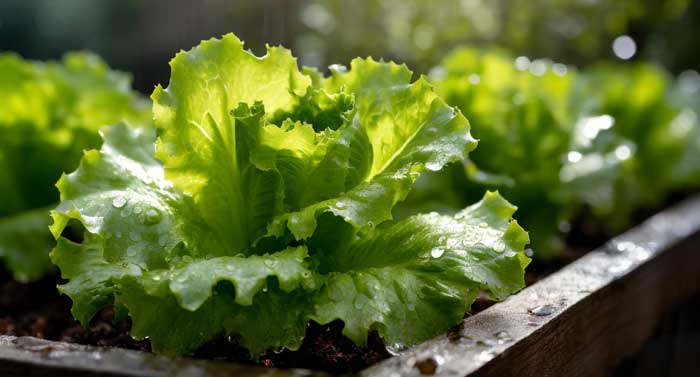 Healthy green lettuce plants grow in garden beds with proper watering.