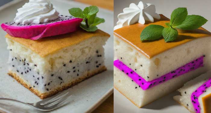 A slice of layered cake with dragon fruit, cream, and mint leaves on top, served on a plate.