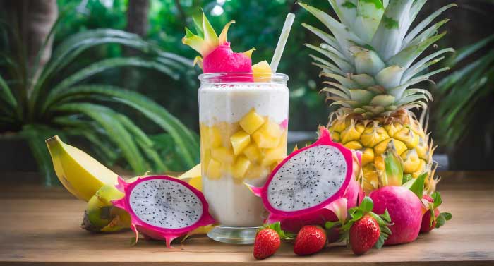 A creamy white dragon fruit smoothie in a clear glass, including strawberries, banana, and pineapple.