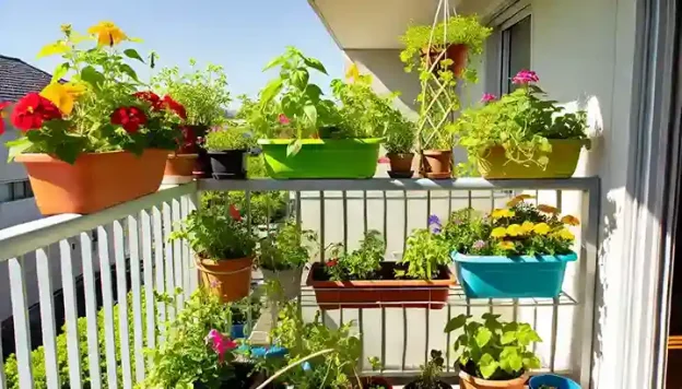 A vibrant container garden with a variety of plants on a balcony.