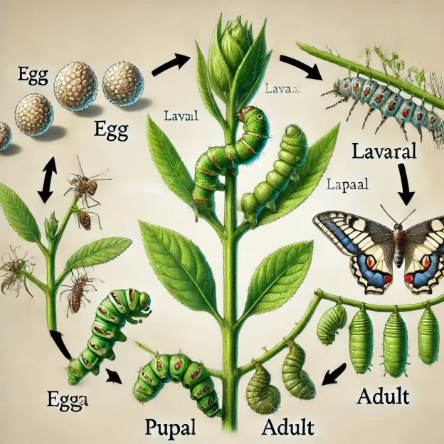 Lifecycle diagram of a common agricultural pest showcasing the egg, larval, pupal, and adult stages.