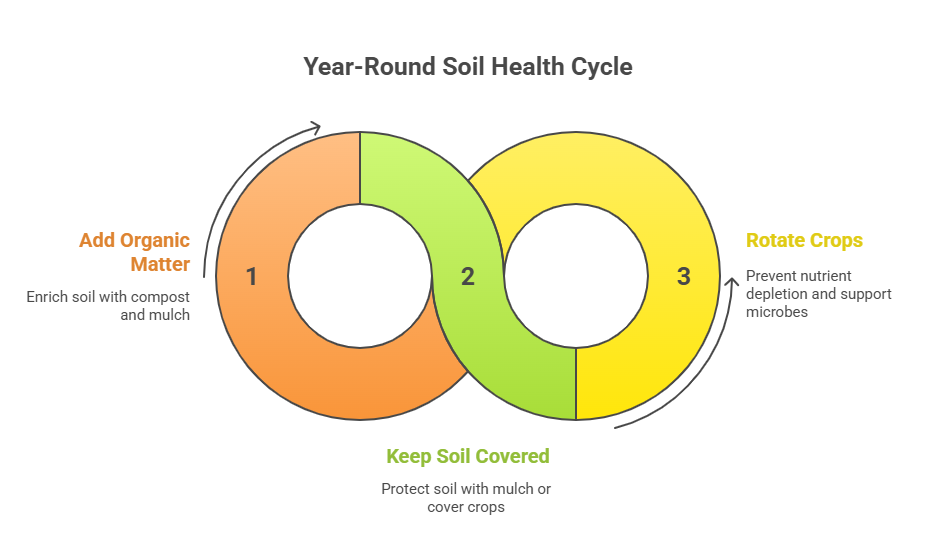 Soil health cycle diagram: Orange 'Add Organic Matter' (enrich), green 'Keep Covered' (protect), yellow 'Rotate Crops' (prevent depletion).